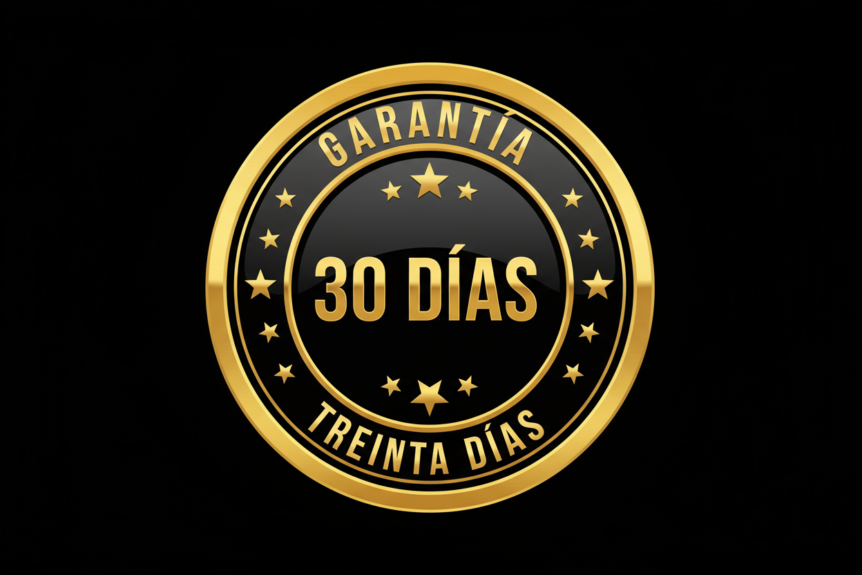 Logo de garantía de 30 días, estilo medalla dorada con un borde negro brillante en el centro, donde se lee '30 DÍAS' en letras doradas y mayúsculas. La palabra 'GARANTÍA' en mayúsculas sigue la curva superior del círculo, y 'TREINTA DÍAS' en mayúsculas sigue la curva inferior. Hay estrellas doradas alrededor del borde negro, tanto en el círculo interior como en el anillo dorado exterior. El fondo negro